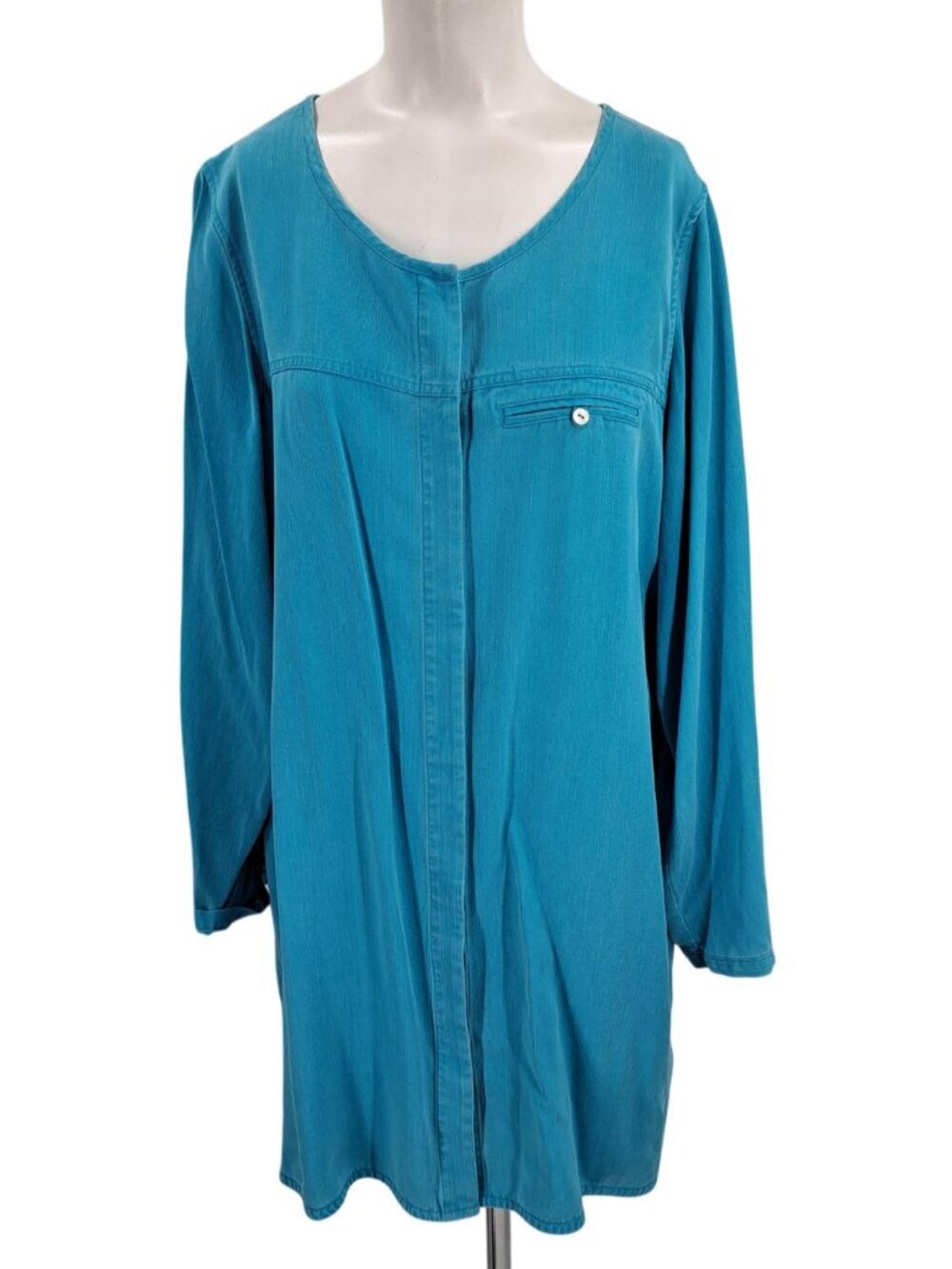 Soft Surroundings Blue Button Front Long Sleeve Tencel Dress Size L Shift Tunic